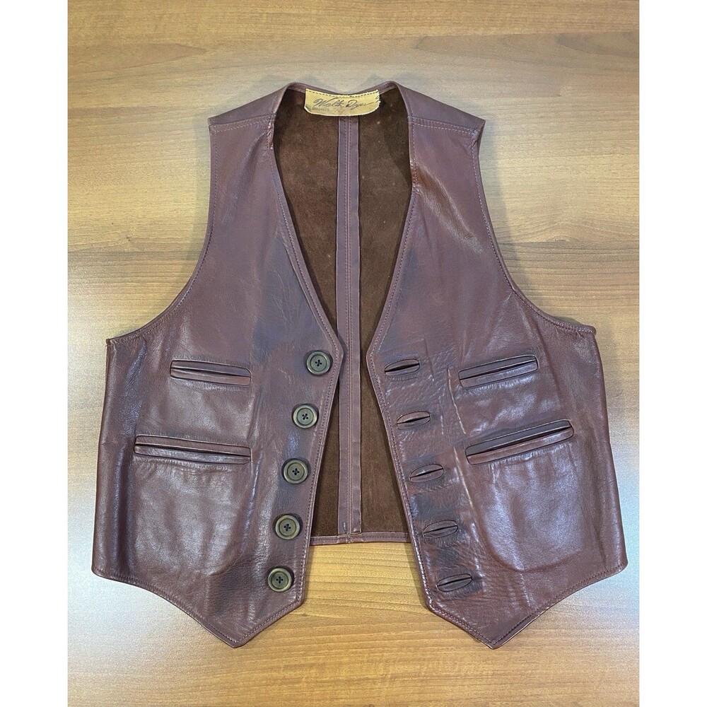 VTG Walter Dyer Leather Vest Mens 44 Framingham Mass USA Western Biker Brown